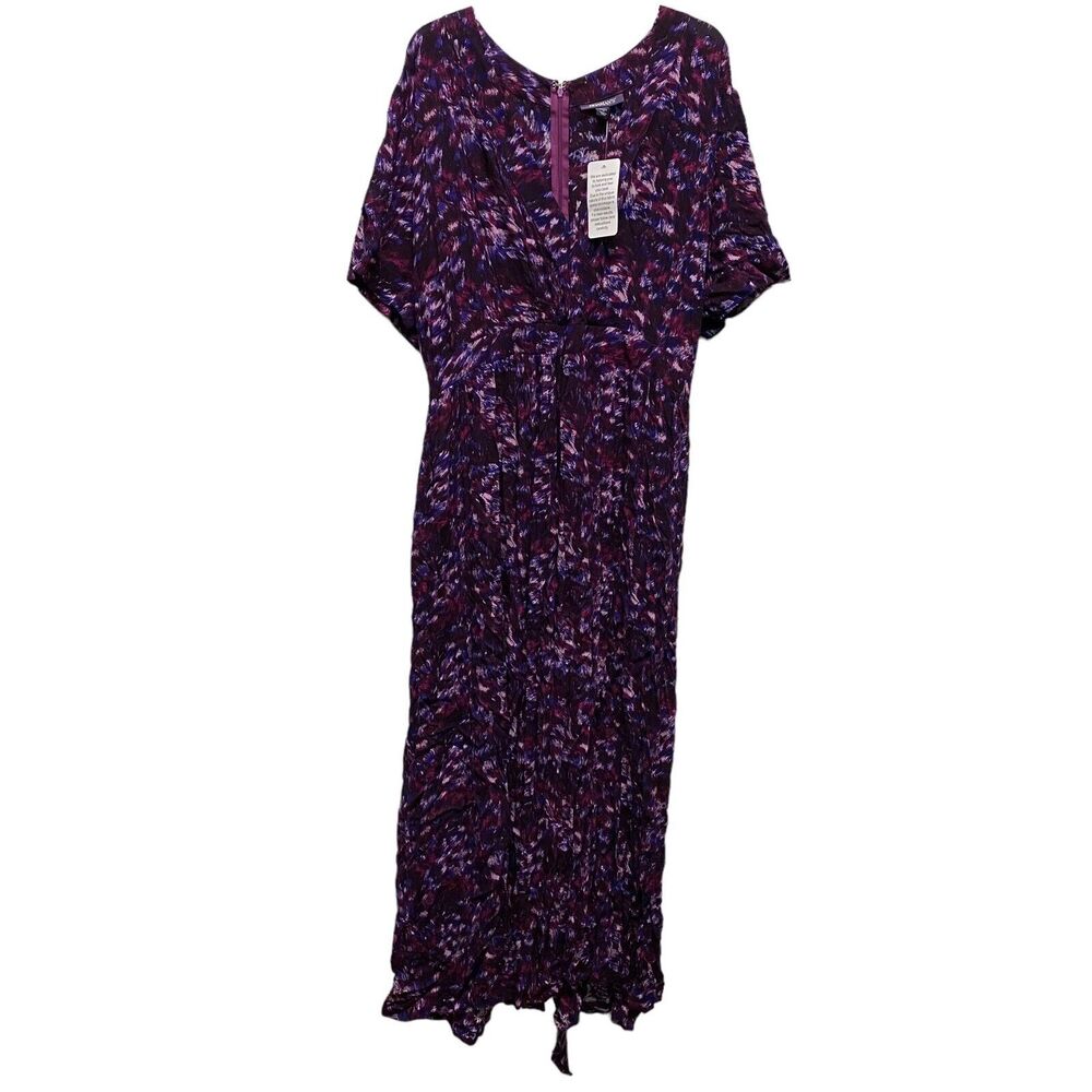 Romans Woman's 22/24 1X V Neck Tie Back Purple Maxi Dress Geo Print Short Sleeve